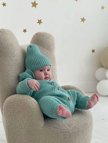 Б-296 Шапочка детская в стиле "Бини". вязаная. полушерсть, мята