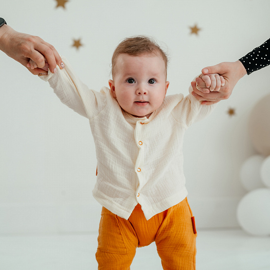 К-331 Костюм, штаны и рубашечка из муслина (горч.+ молоч.)